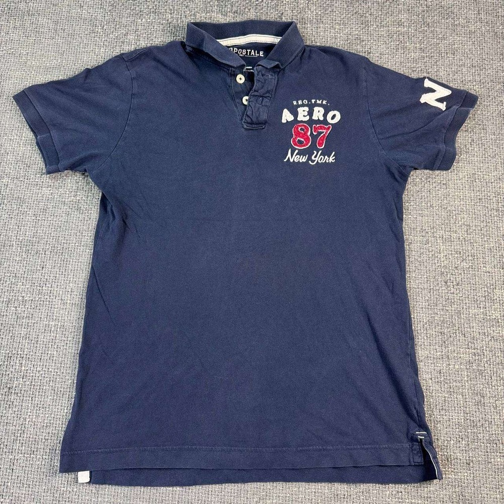 Aeropostale Polo Shirt Mens Large Navy Blue Aero 87 Y2K Varsity Graphic